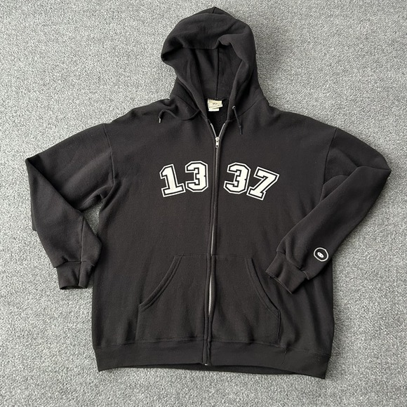 Hoodie Mens Large Black 1337 Leet Full Zip Tech Gamer Geek Nerd Y2K VTG Lee